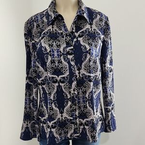 Christopher & Banks Navy and White Patterned Button Down Shirt Saze Xl